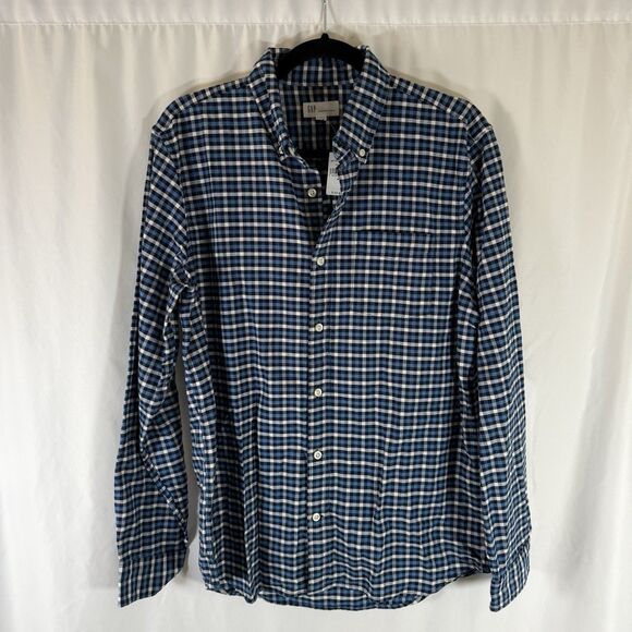 New Gap Button Up Shirt Men's Medium Blue White Plaid Standard Fit Stretch - Picture 1 of 11